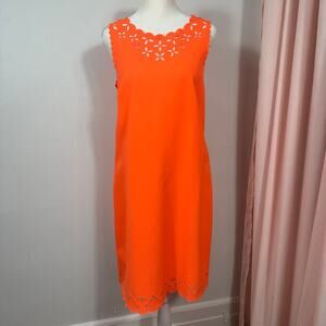 Crew Factory orange Scalloped Laser Cut Shift Dress Sleeveless Women Size 8